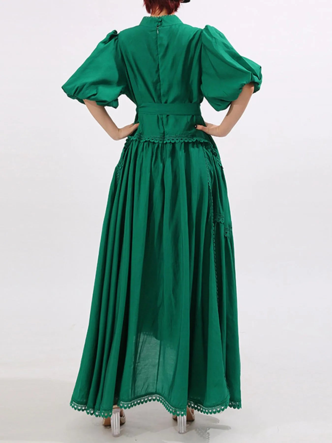 Lace Detail Notched Puff Sleeve Maxi Dress