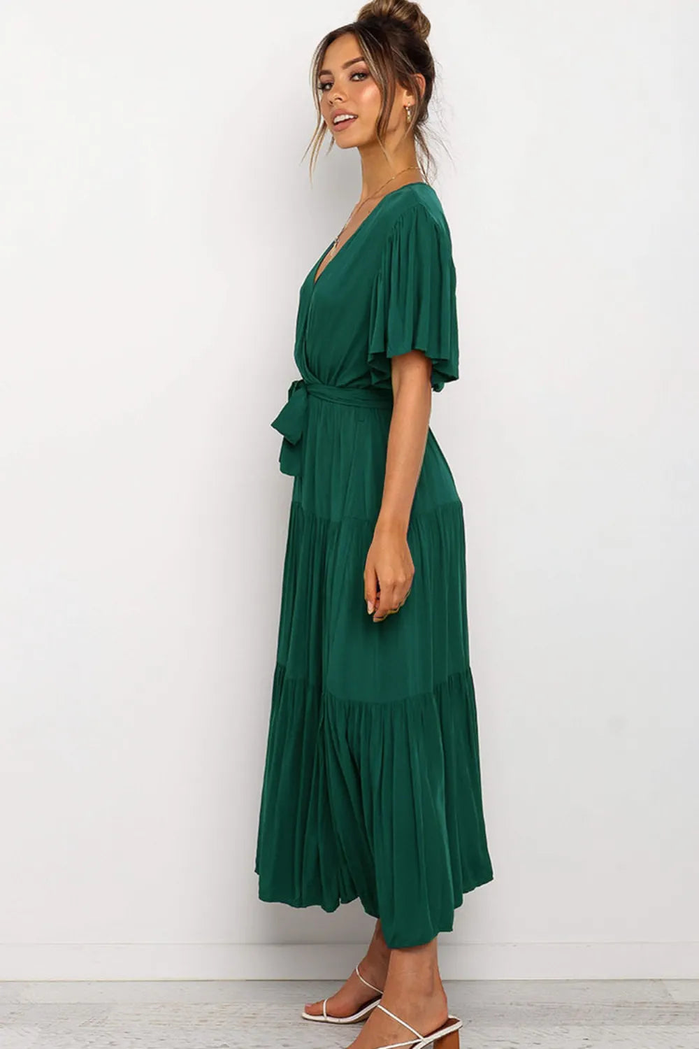 Front Tie Short Sleeve Tiered Midi Dress