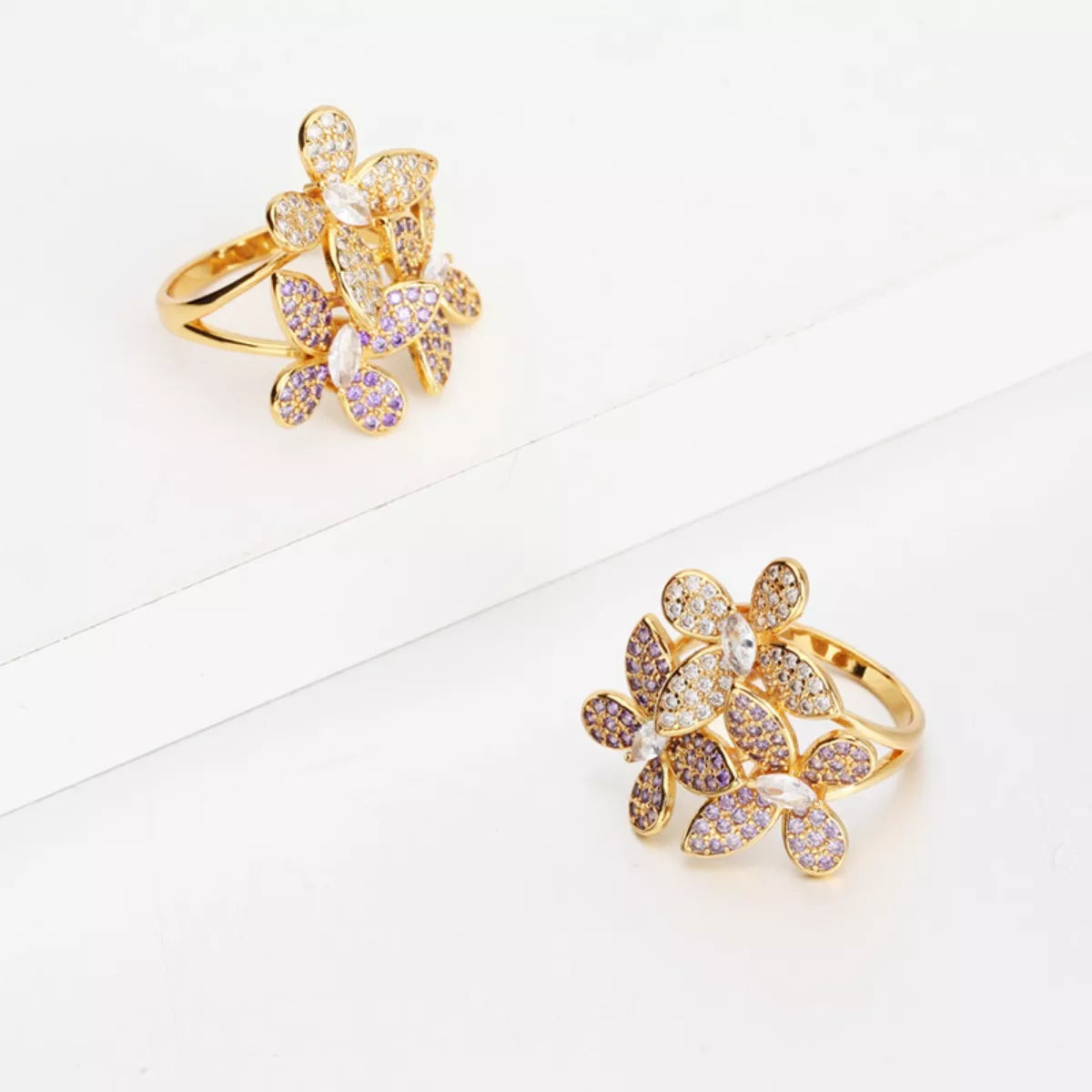18K Gold-Plated Copper Rhinestone Zircon Flower Ring