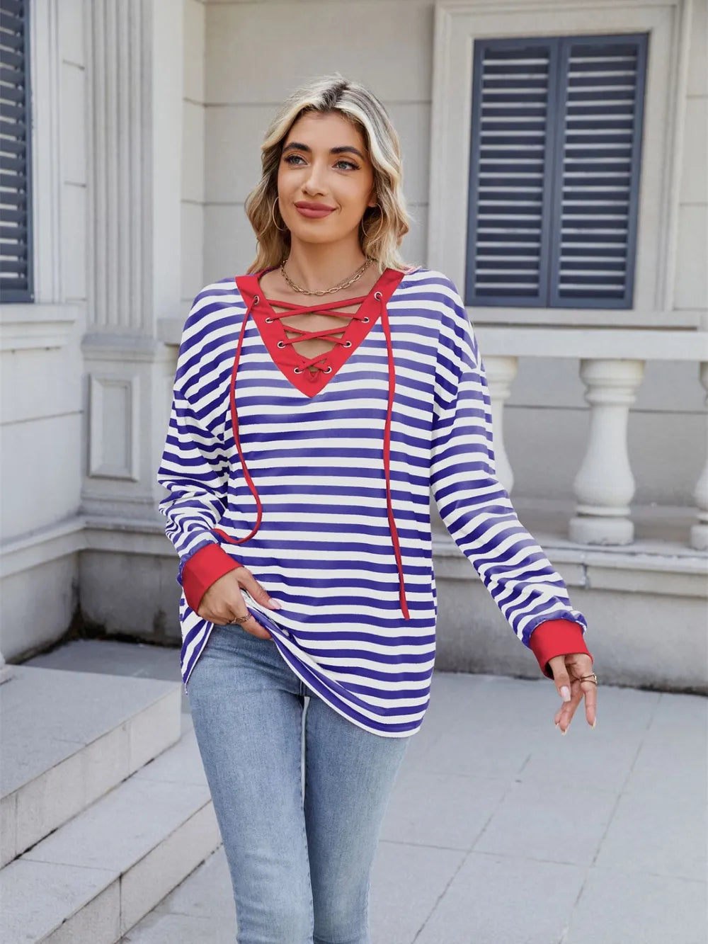 Lace-Up Striped Long Sleeve T-Shirt