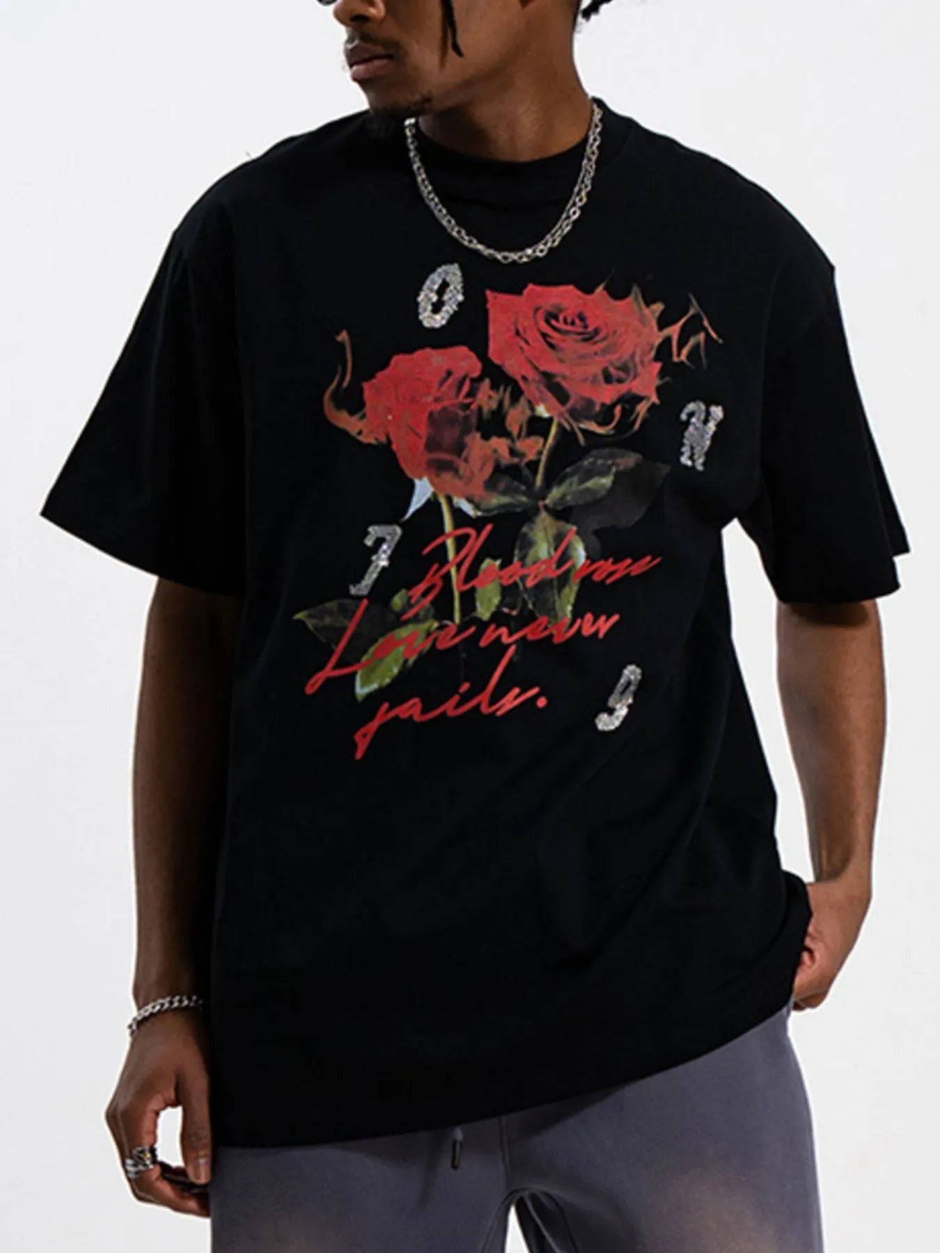 Men's  Rose Graphic T-Shirt with Vintage Script Design