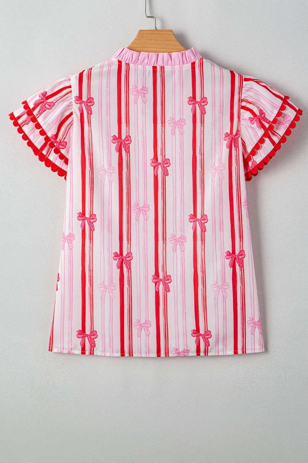 Ric-Rac Trim Ruffled Sleeve Striped Printed Blouse