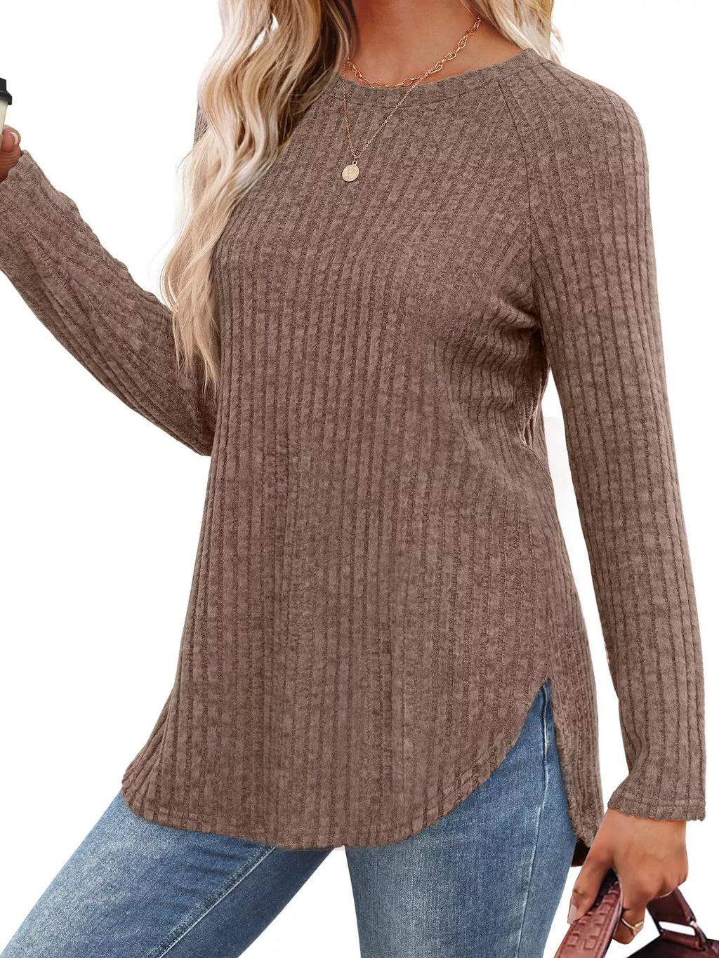 Ribbed Knit Long Sleeve T-Shirt