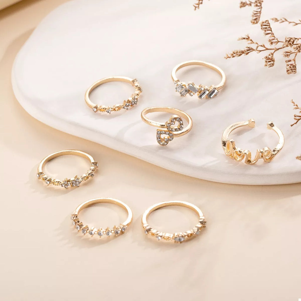 7 Piece 18K Gold-Plated LOVE Zircon Ring Set