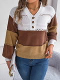 Color Block Striped V-Neck Button Detail Sweater