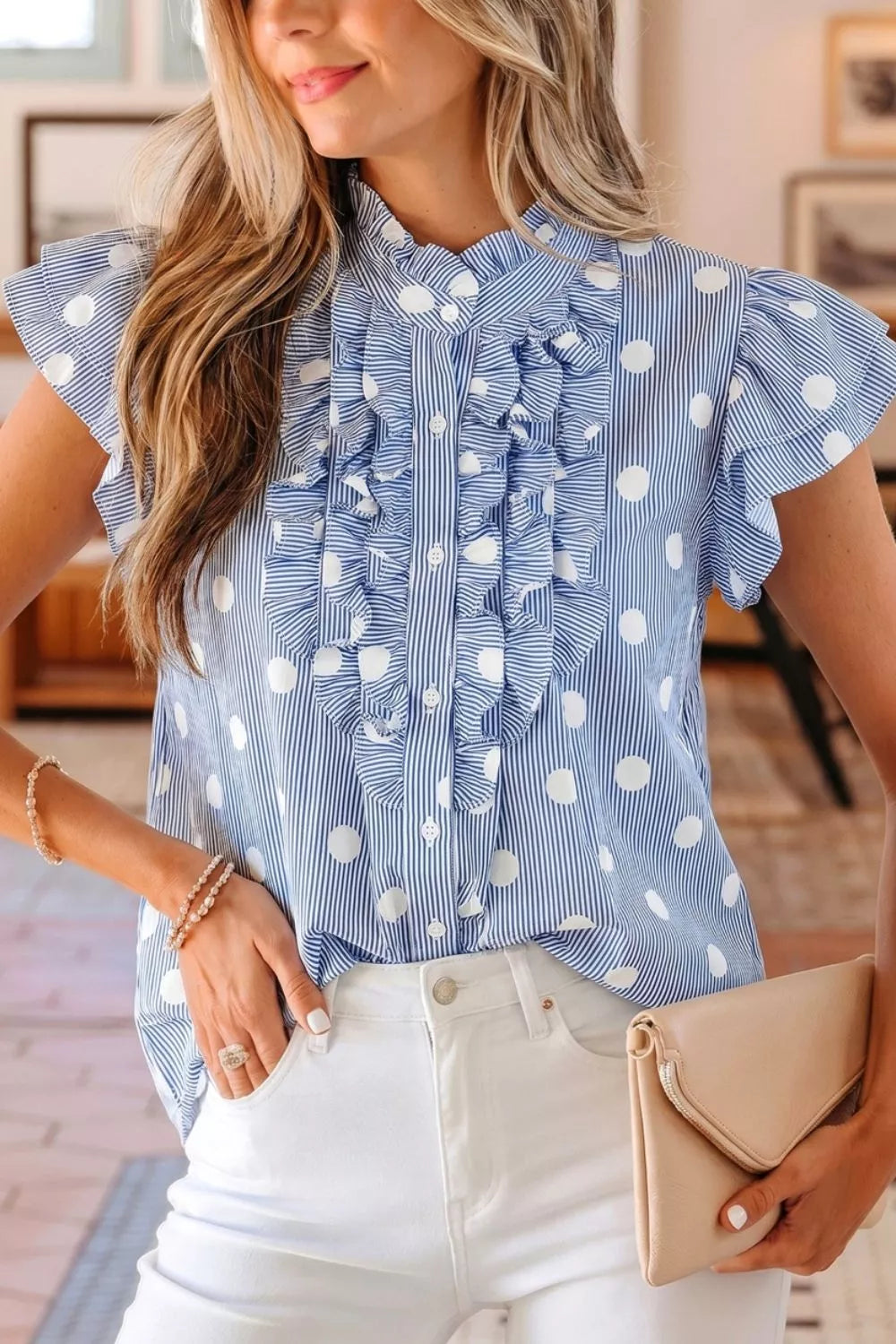 Stripe Contrast Polka Dot Print Pleated Ruffle Sleeve Shirt