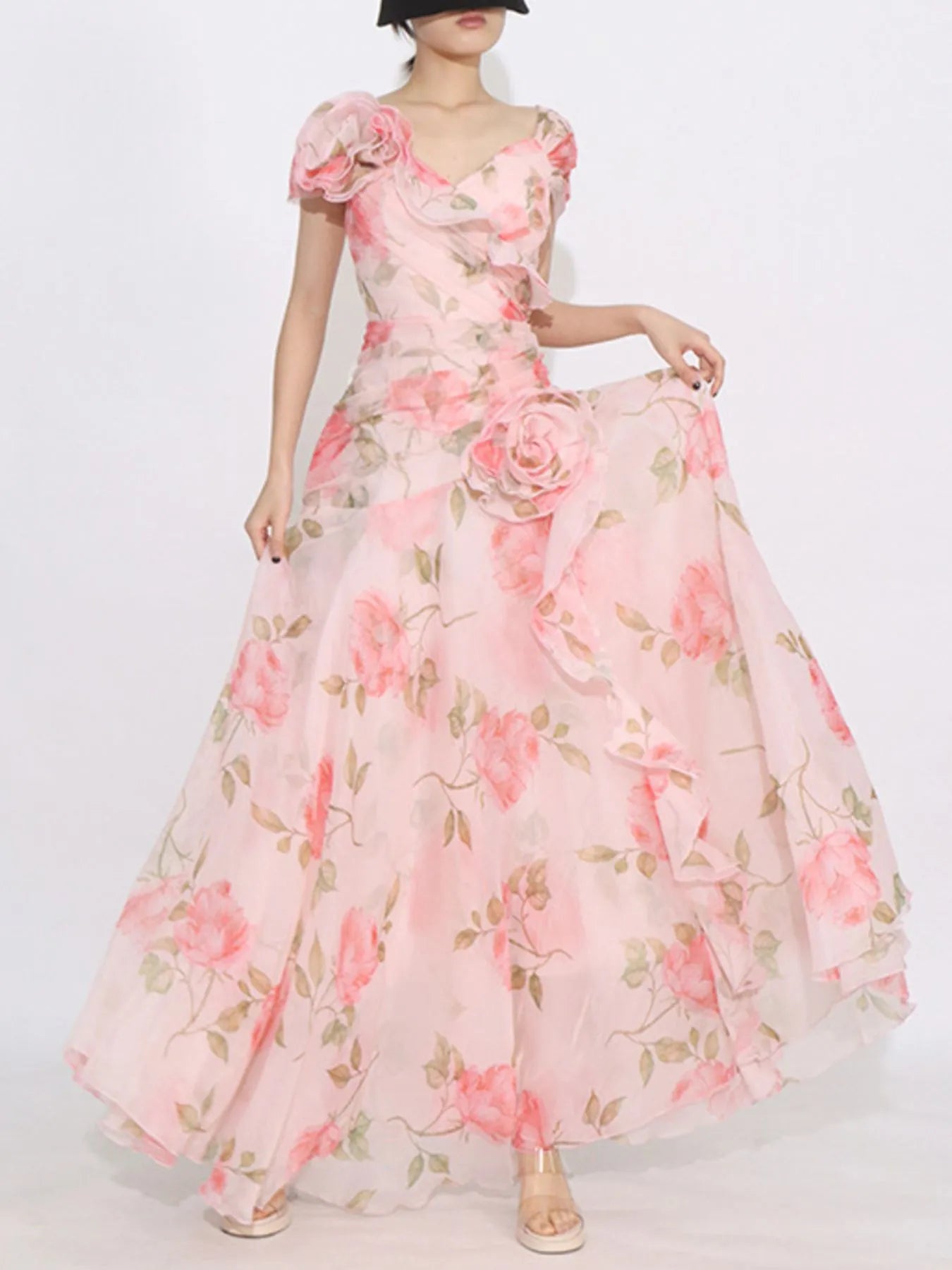 Floral Ruffled Short Sleeve Maxi Dress