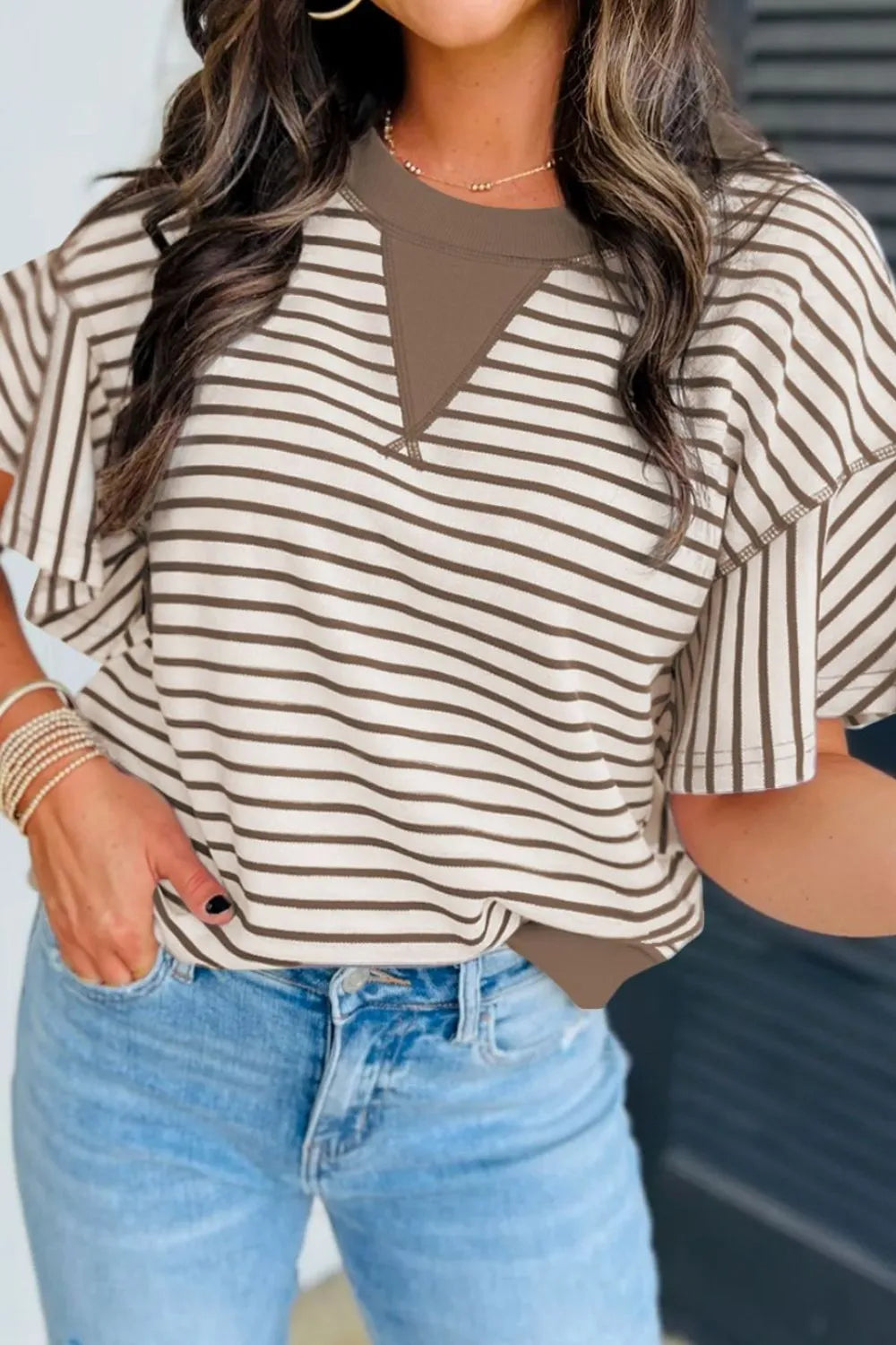 Contrast Striped Ruffle Short Sleeve Top