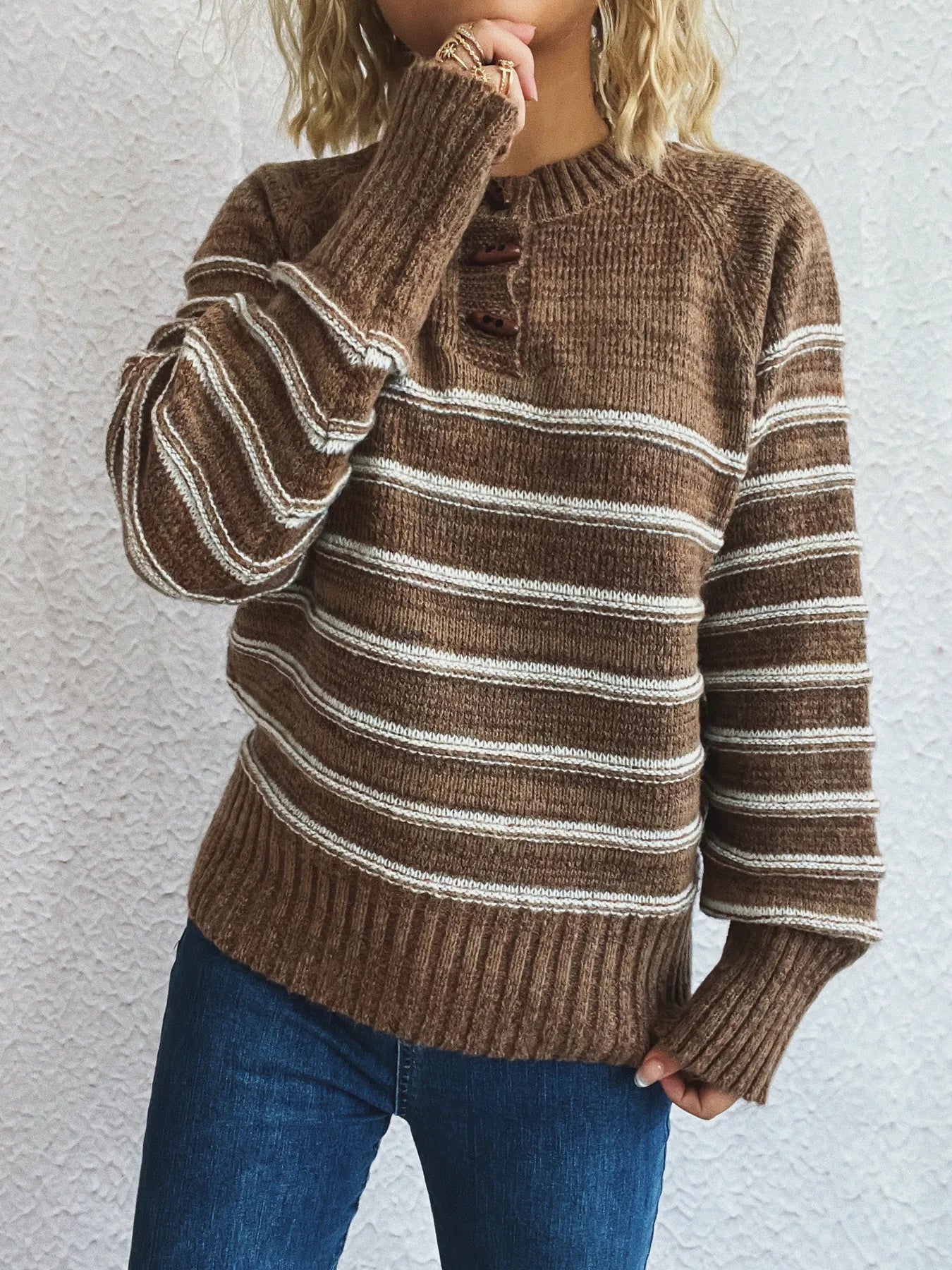 Striped Button Detail Long Sleeve Sweater