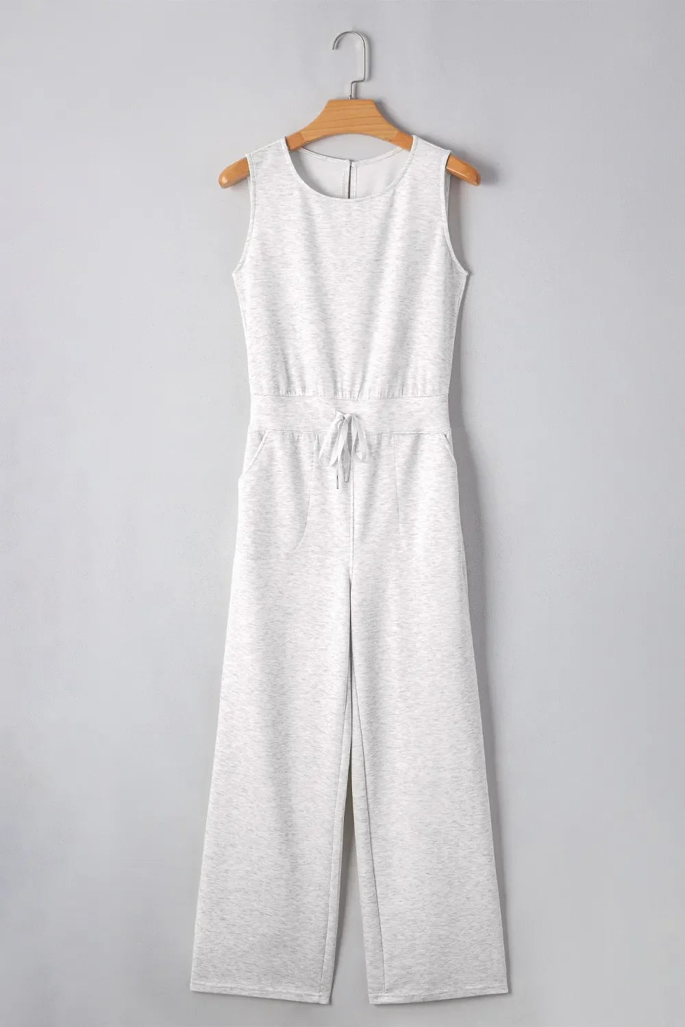 Solid Color Crew Neck Drawstring High Waist Sleeveless Jumpsuit