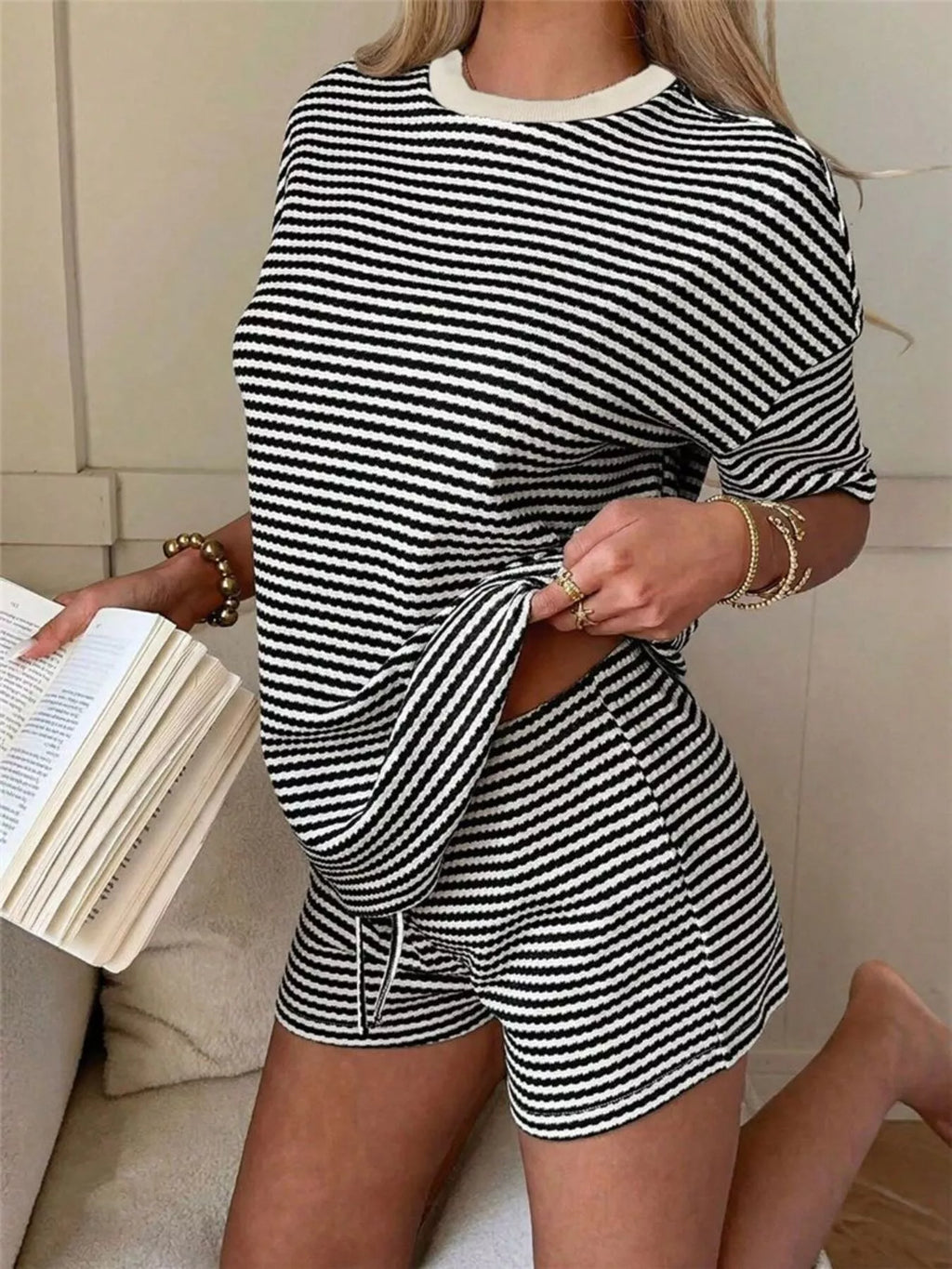 Striped Round Neck Tee and Shorts Set