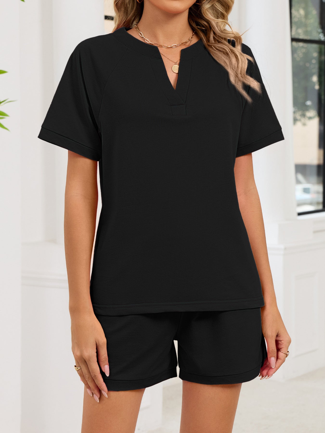 Notched Short Sleeve Top and Shorts Set