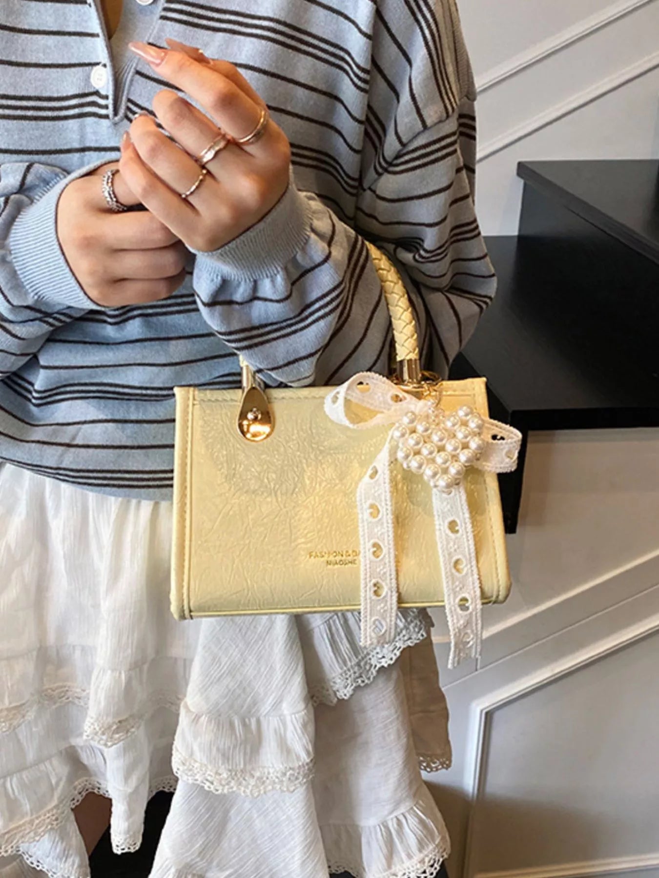 Braided Handle Pearl Decor Crossbody Bag