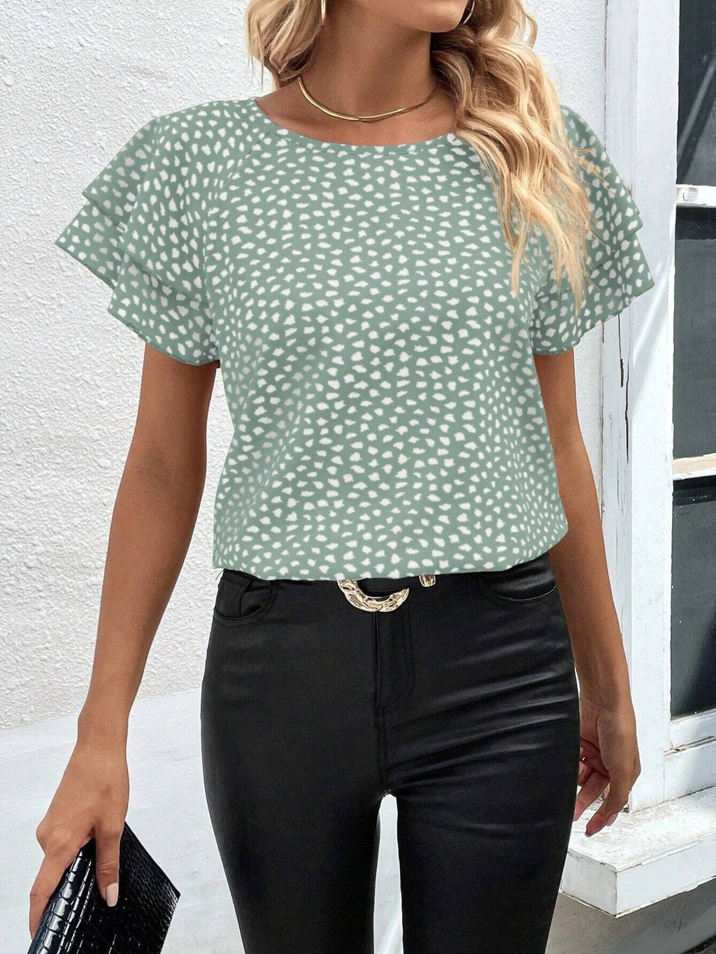 Animal Print Ruffle Sleeve Blouse