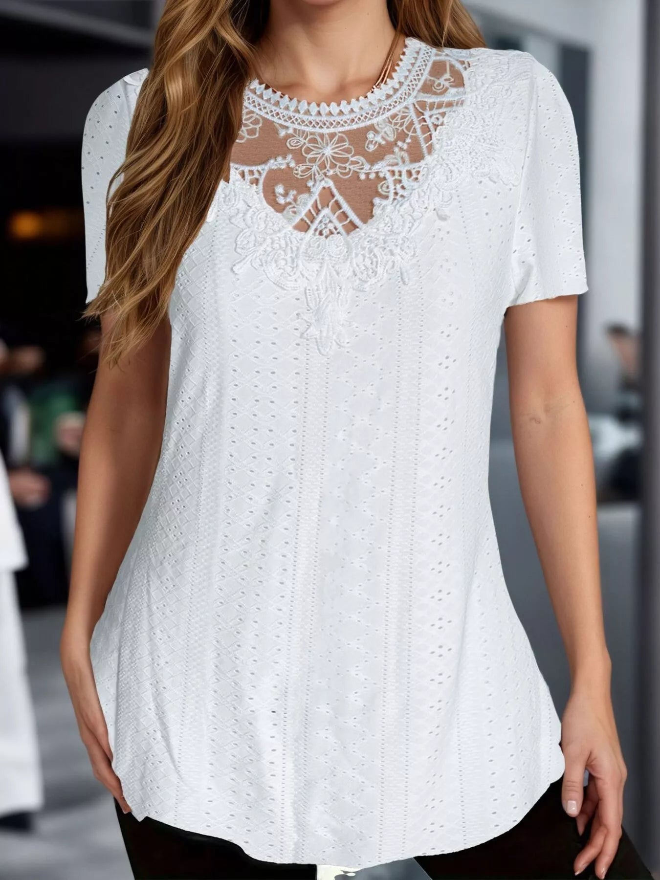 Lace Detail Eyelet Short Sleeve Top