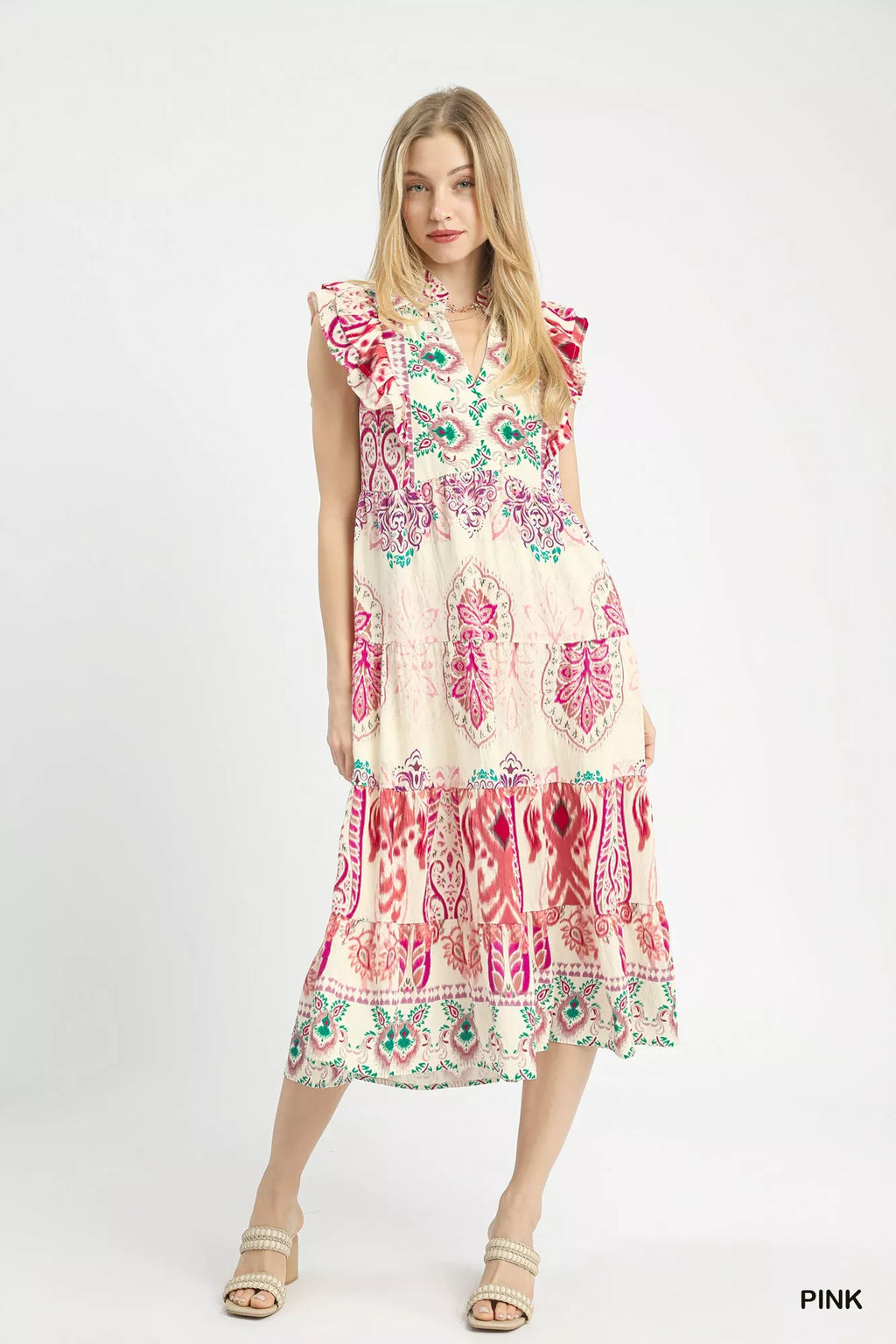Umgee Boho Boarder Print Ruffle Midi Dress