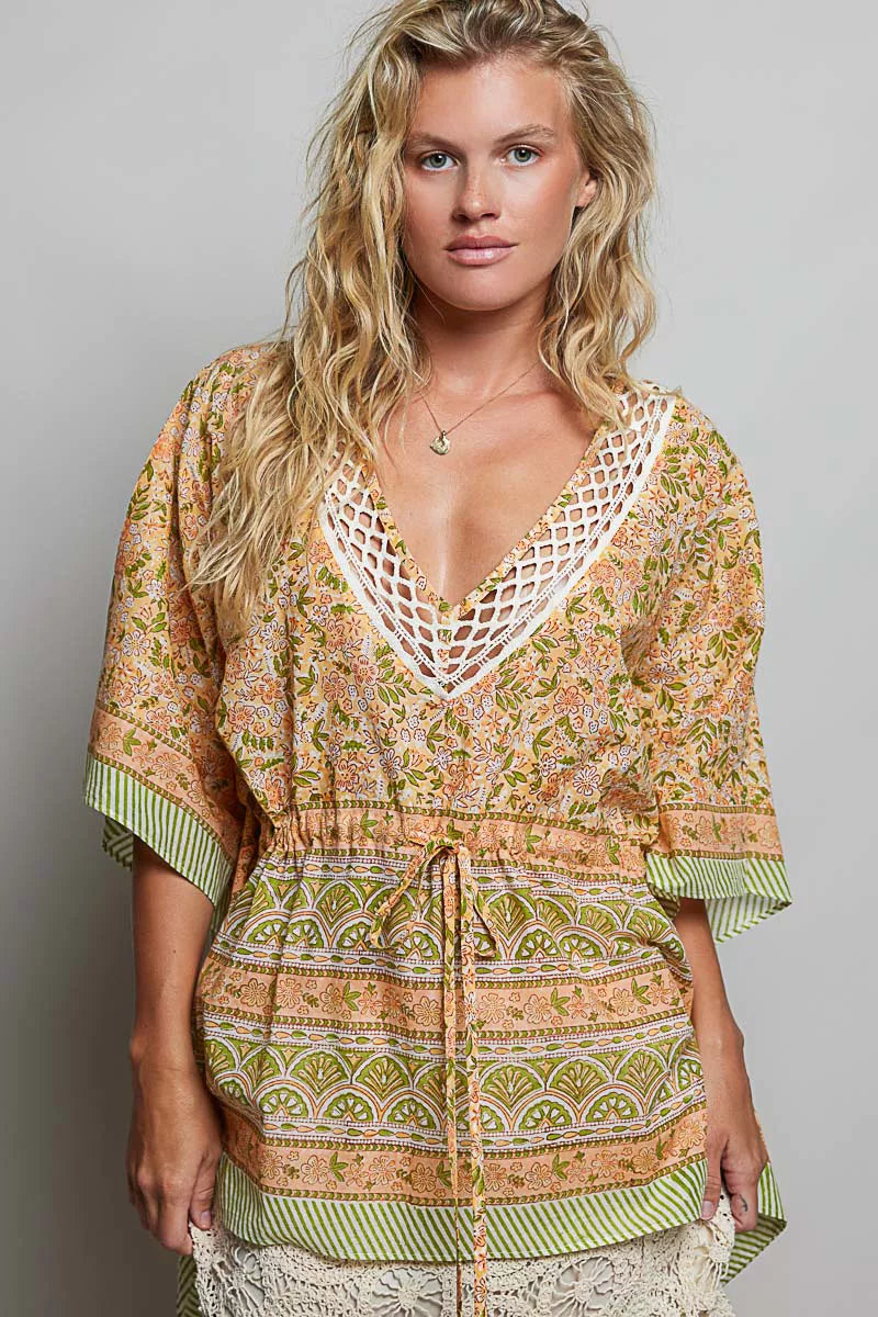 POL Block Print Floral Tie Front Boho Blouse