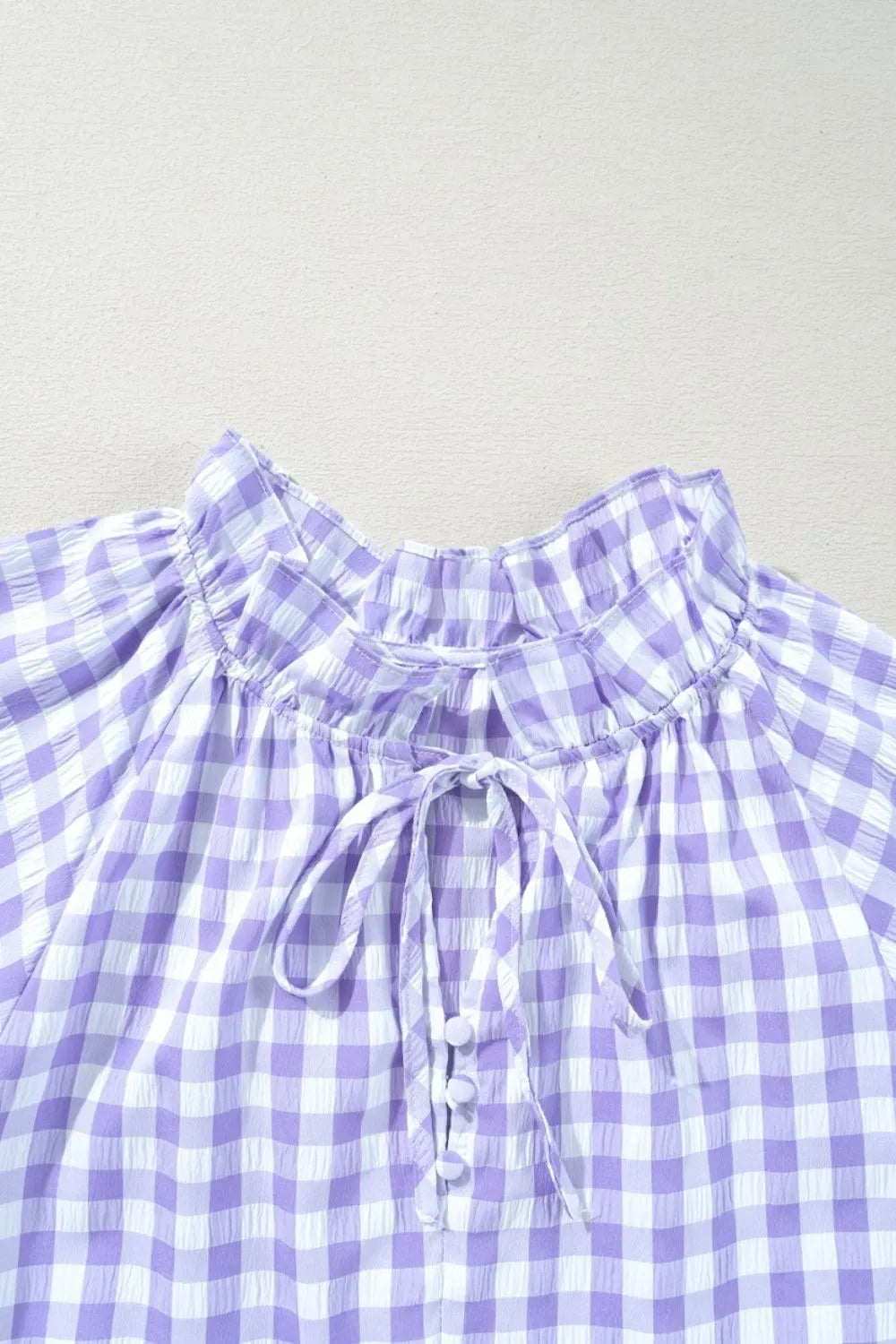 Plaid Tie Neck Short Sleeve Babydoll Mini Dress