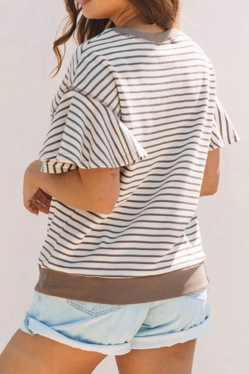 Contrast Striped Ruffle Short Sleeve Top