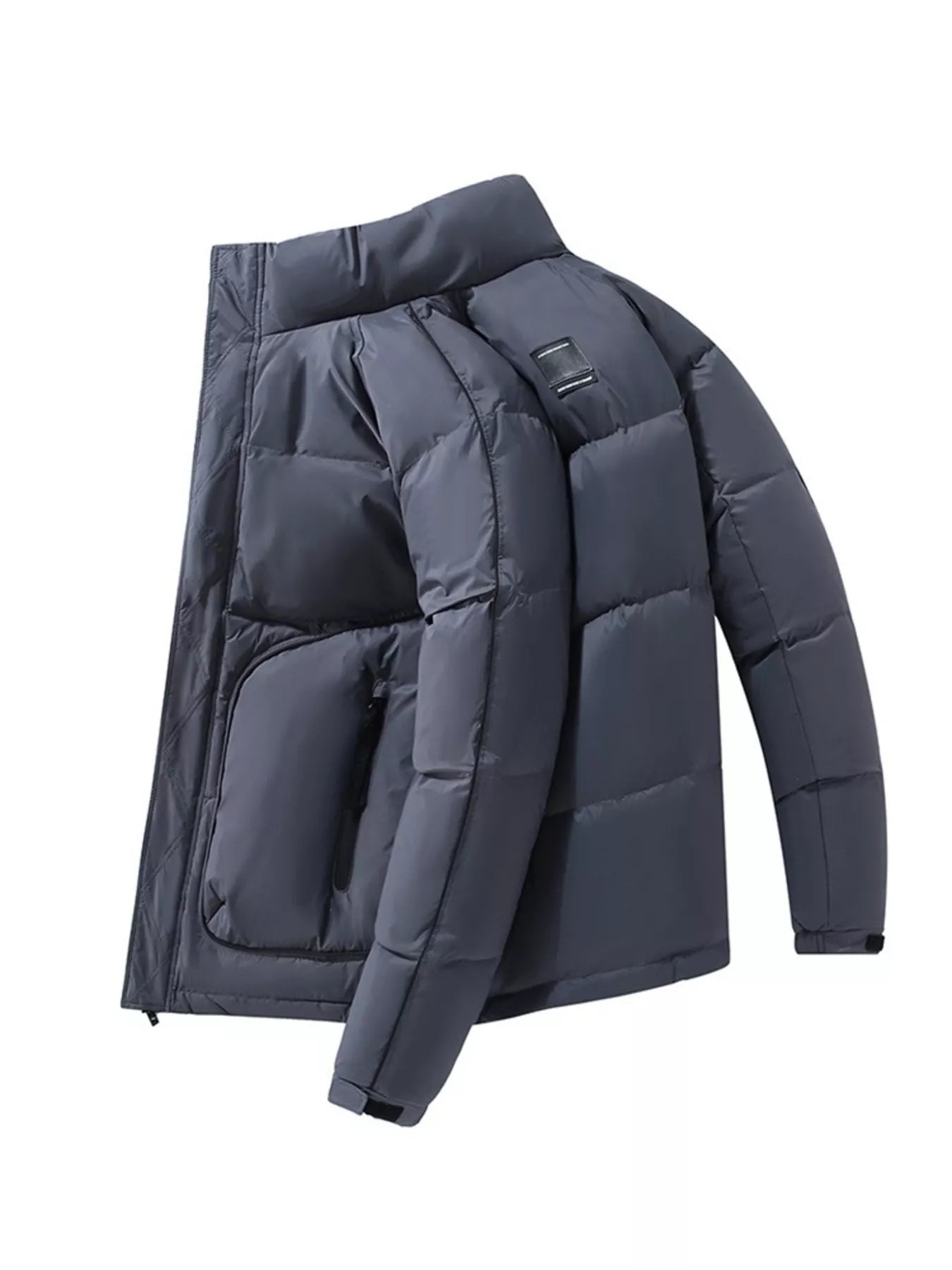 Men's Plus Size Stand Collar Puffer Jacket with Side Zipper Pockets