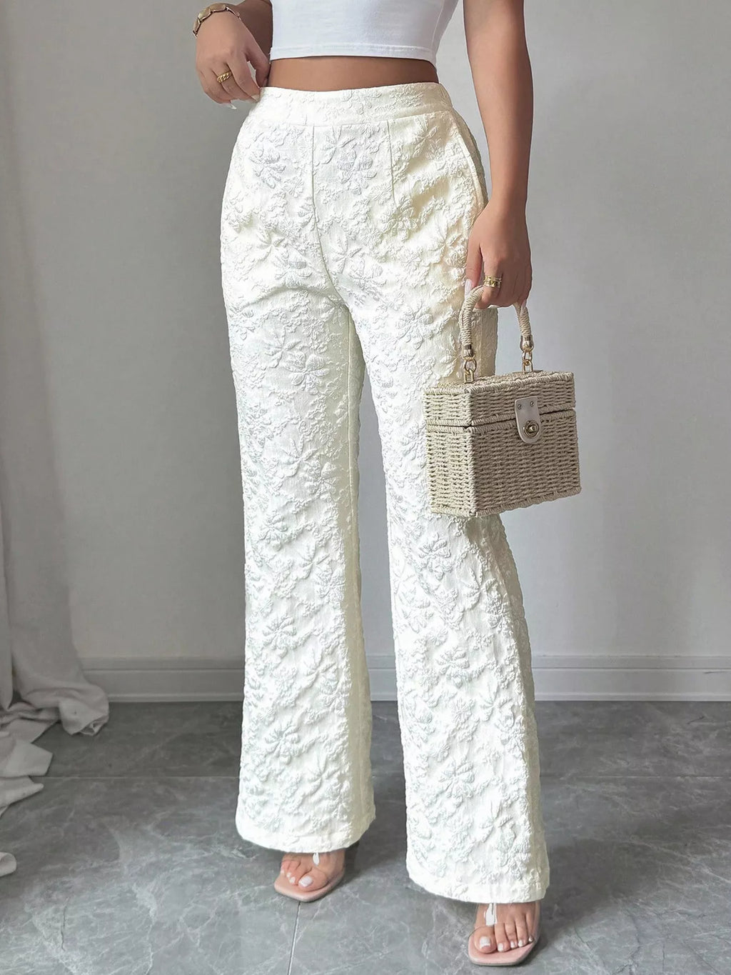Floral Textured Wide-Leg Pants