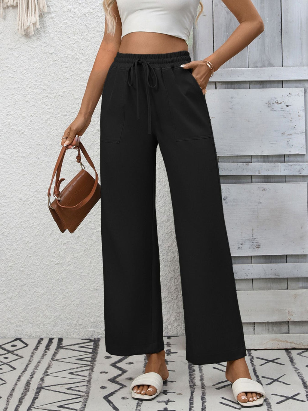 Casual Drawstring Wide Leg Pants