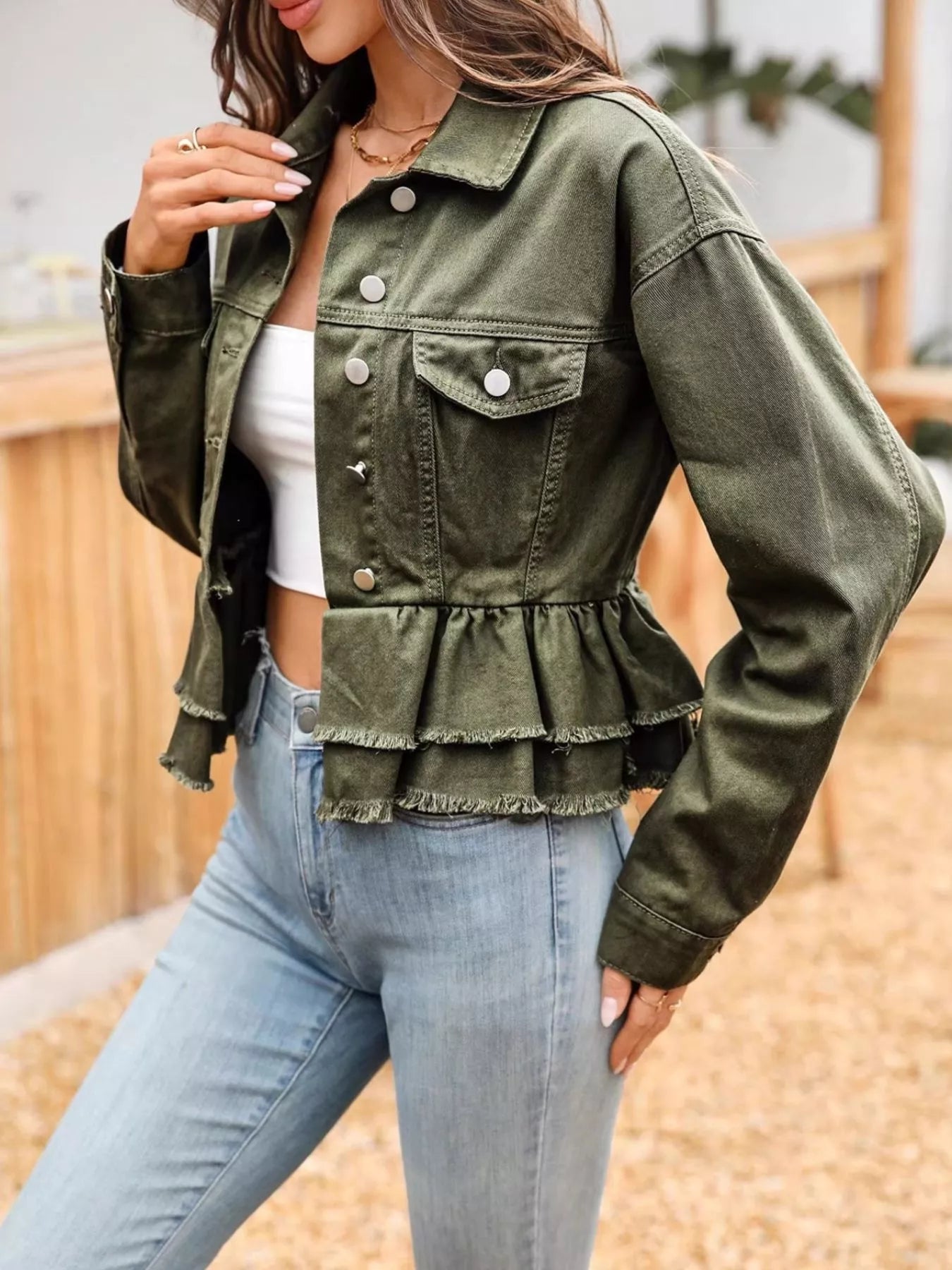 Ruffle Raw Hem Denim Jacket