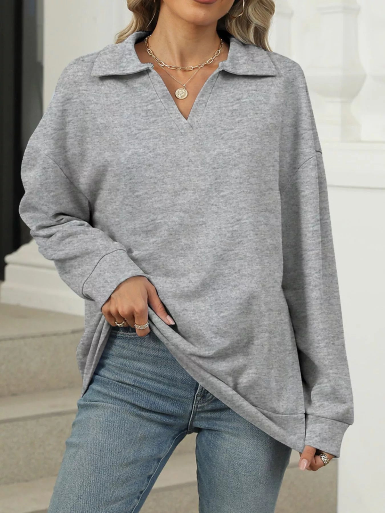 Johnny Collar Drop Shoulder Long Sleeve Sweatshirt