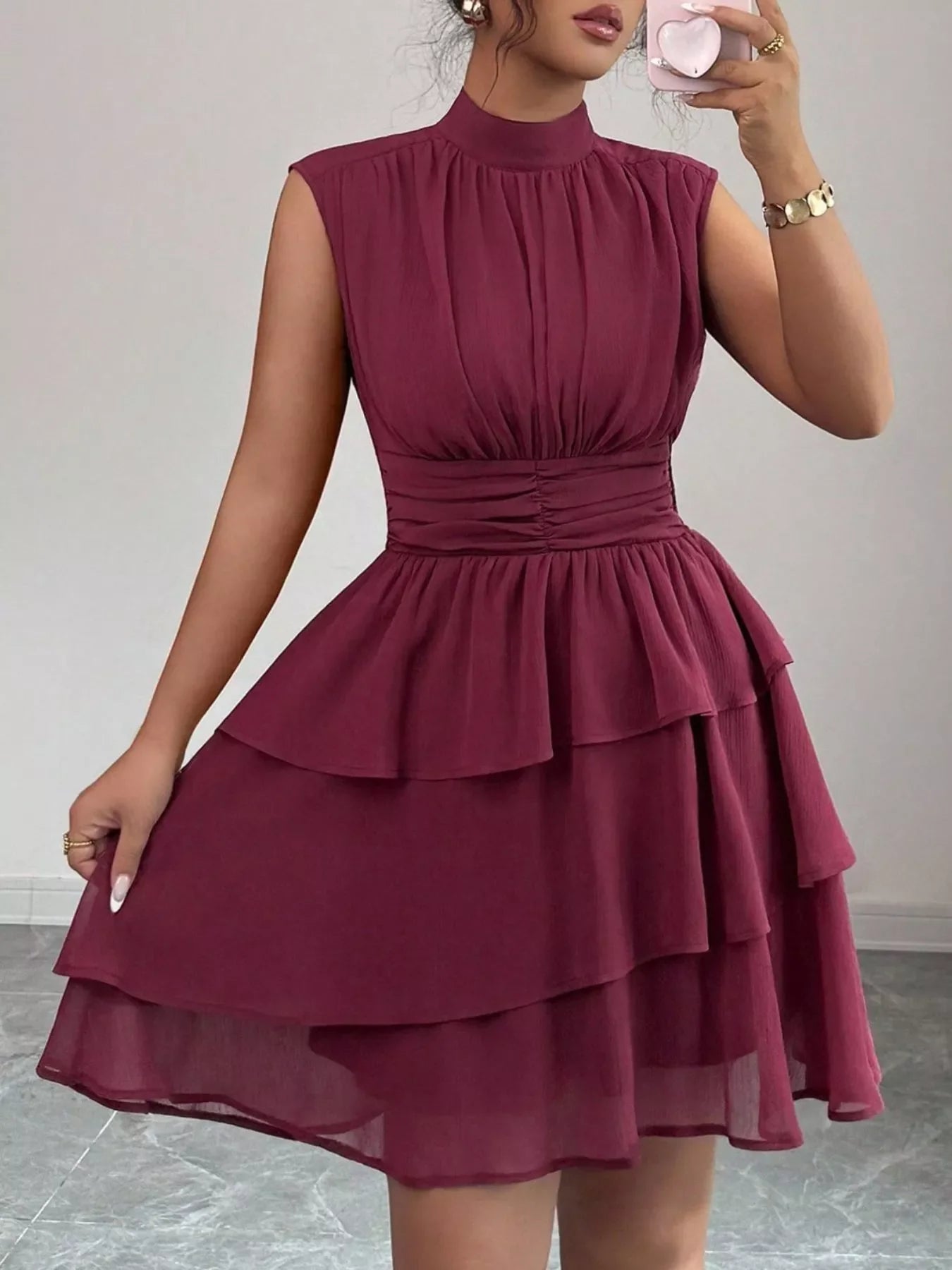 Sleeveless Mock Neck Layered Ruffle Dress