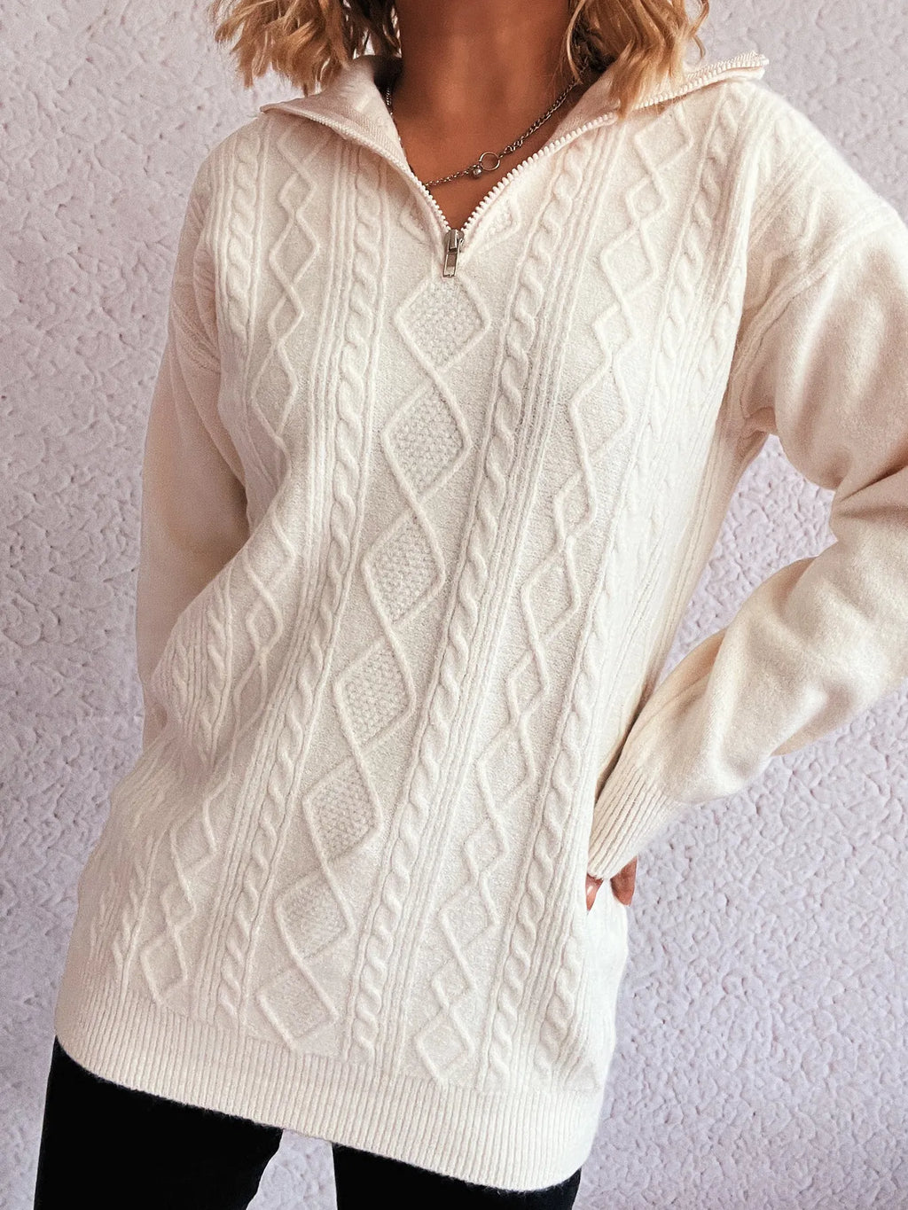 Texture Zip Collar Long Sleeve Sweater