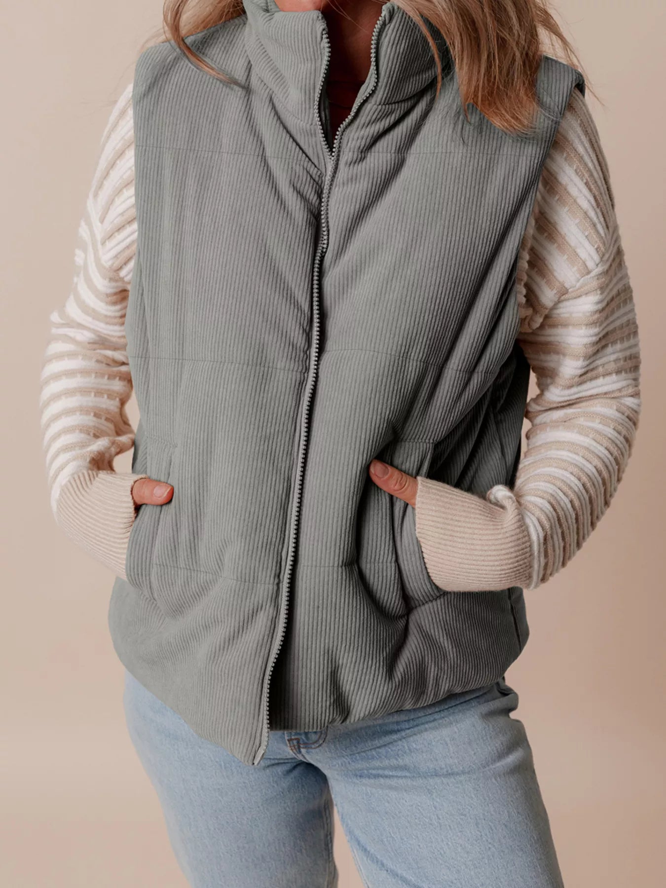 Corduroy Stand Neck Zipped Puffer Vest