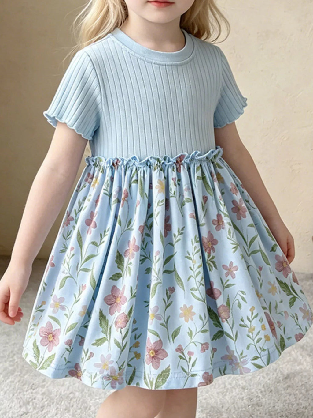 Children's Ribbed Knit & Floral Print Short Sleeve Dress