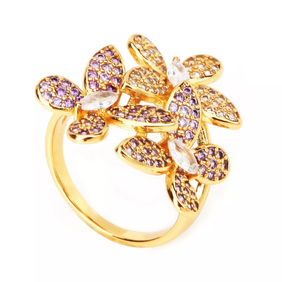 18K Gold-Plated Copper Rhinestone Zircon Flower Ring