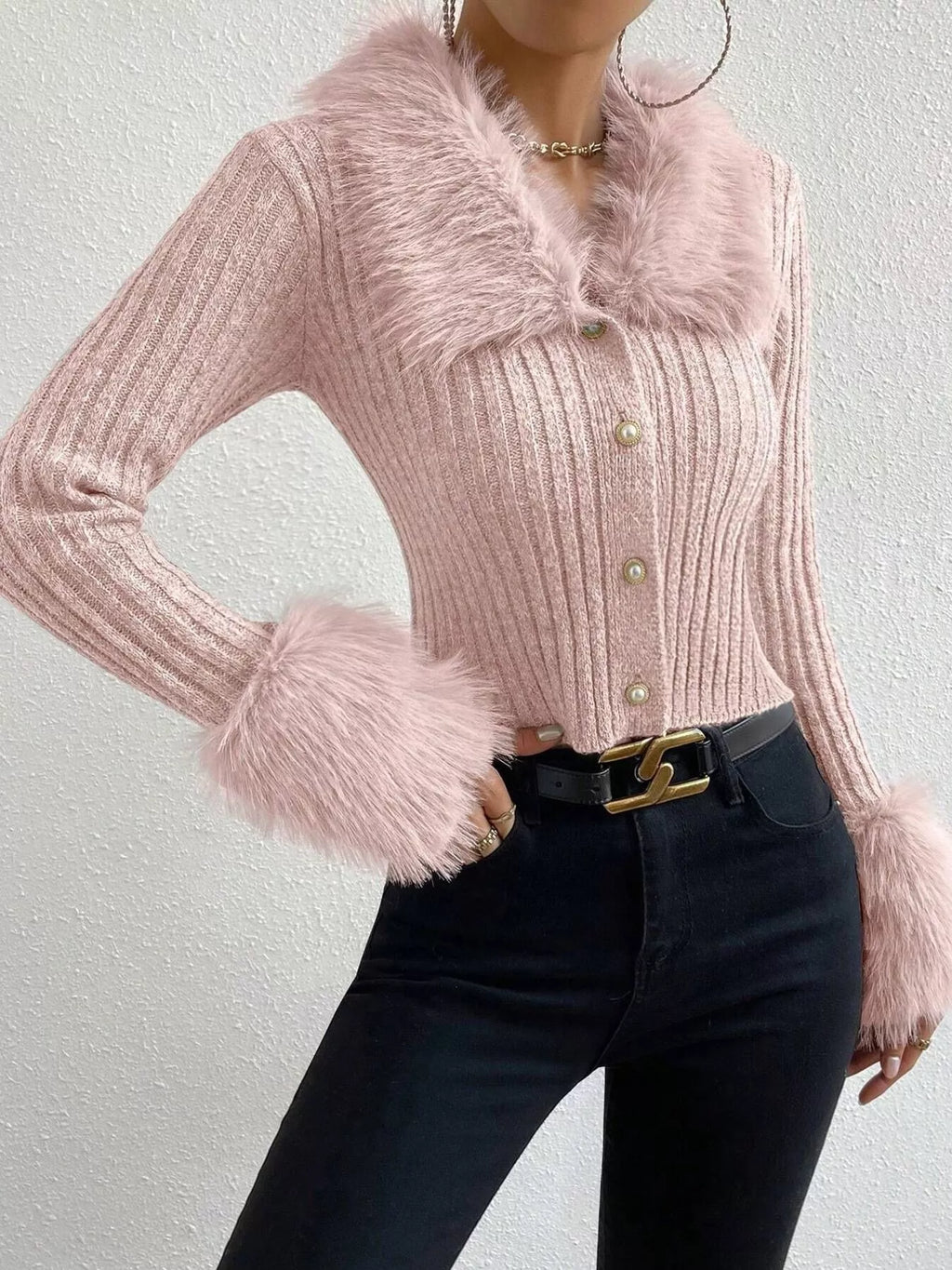 Faux Fur Trim Ribbed Knit Cropped Cardigan