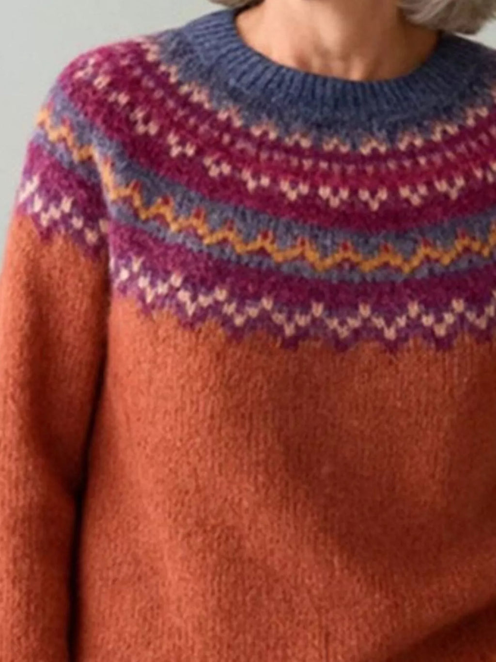 Full Size Vintage Patterned Round Neck Sweater Plus Size
