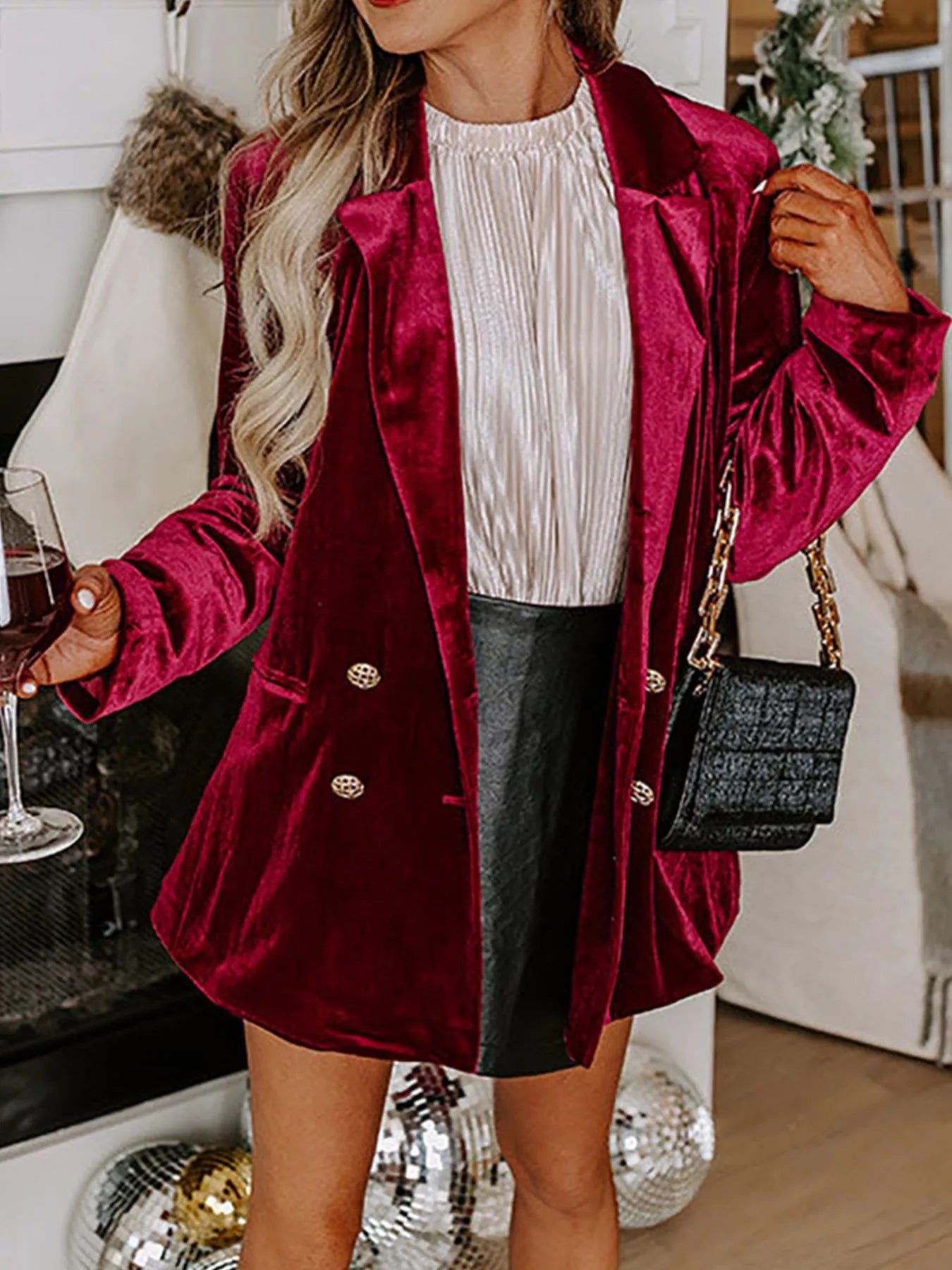 Velvet Lapel Collar Button Up Blazer