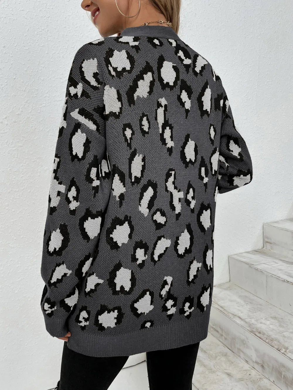 Leopard Open Front Dropped Shoulder Cardigan