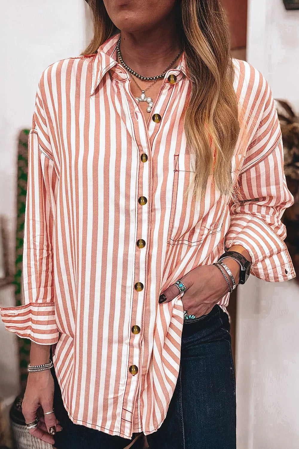 Stripe Western Button Down Long Sleeve Casual Shirt