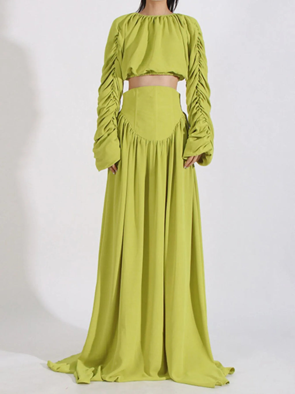 Ruched Long Sleeve Top and High Waist Skirt Set