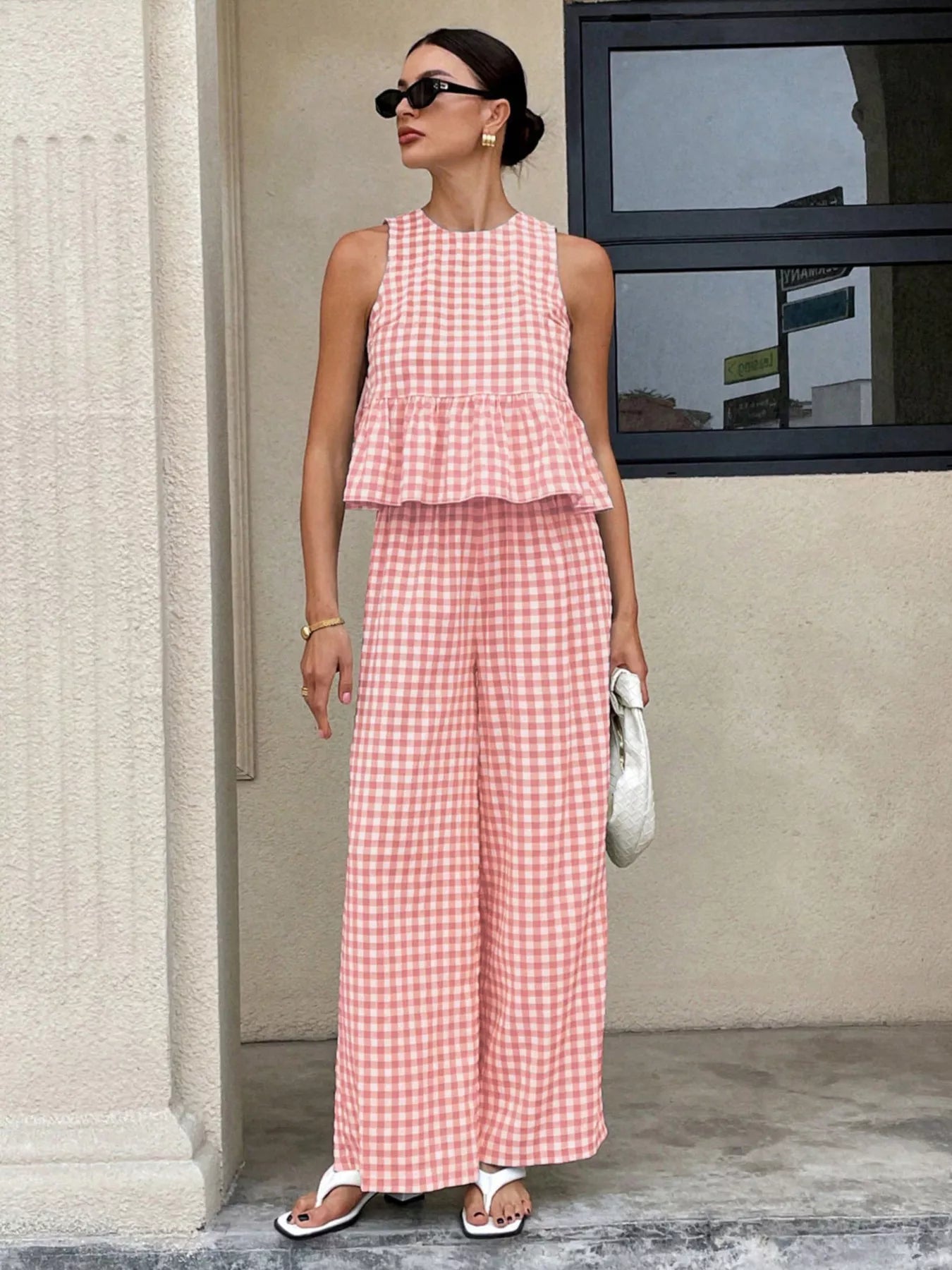 Gingham Sleeveless Top and Wide Leg Pants Set