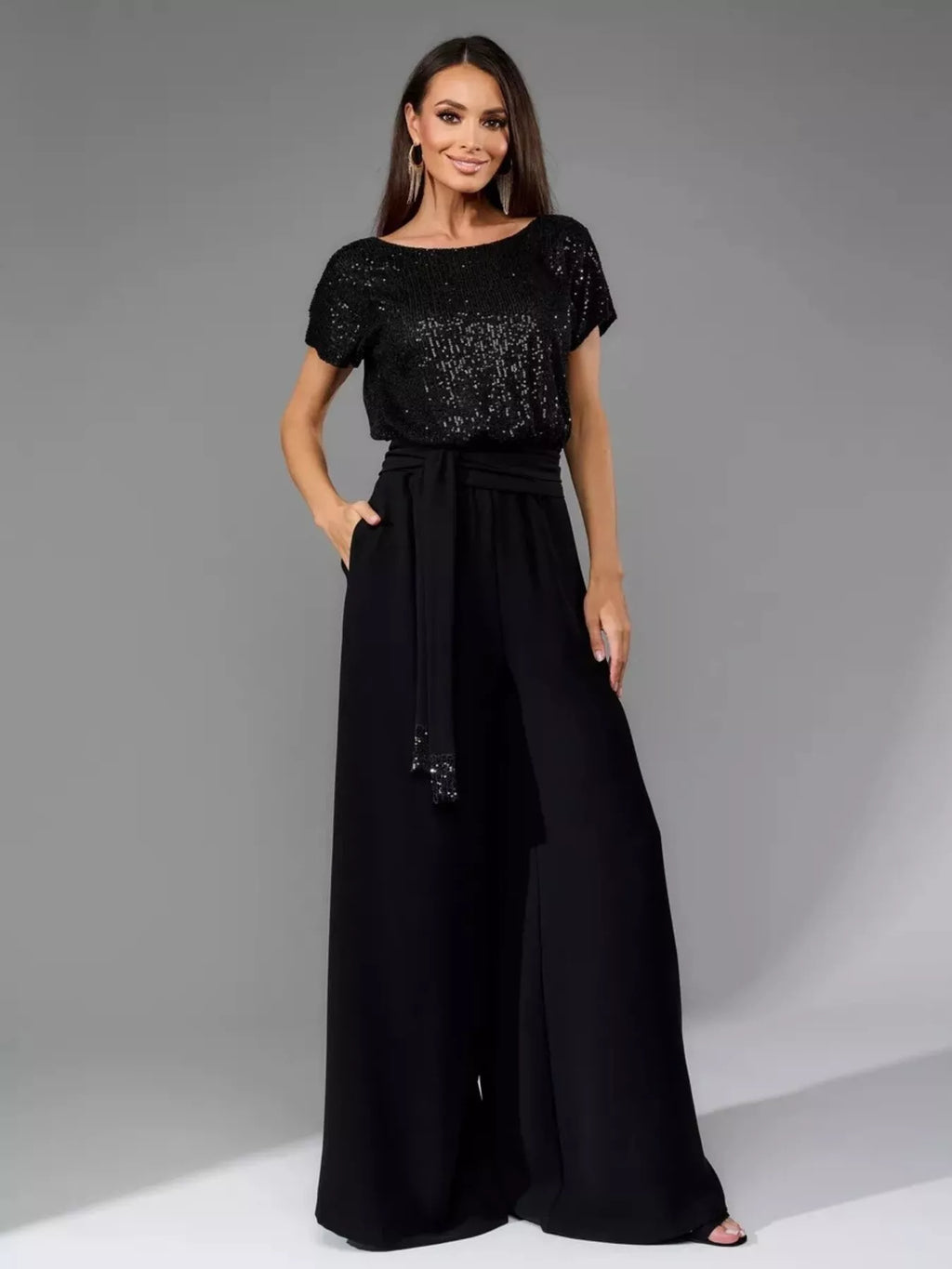 Full Size Sequin Short Sleeve Wide Leg Jumpsuit Plus Size