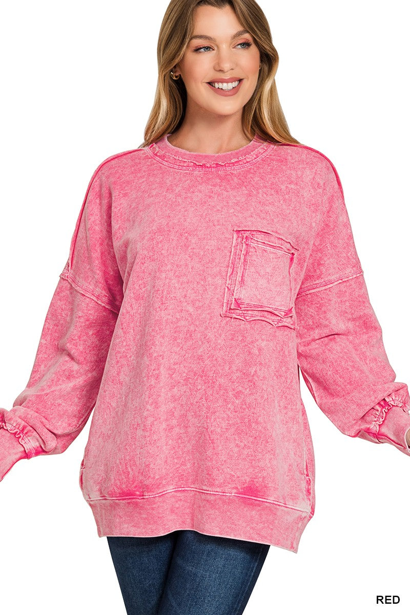Zenana Halo Washed French Terry Exposed-seam Sweatshirt