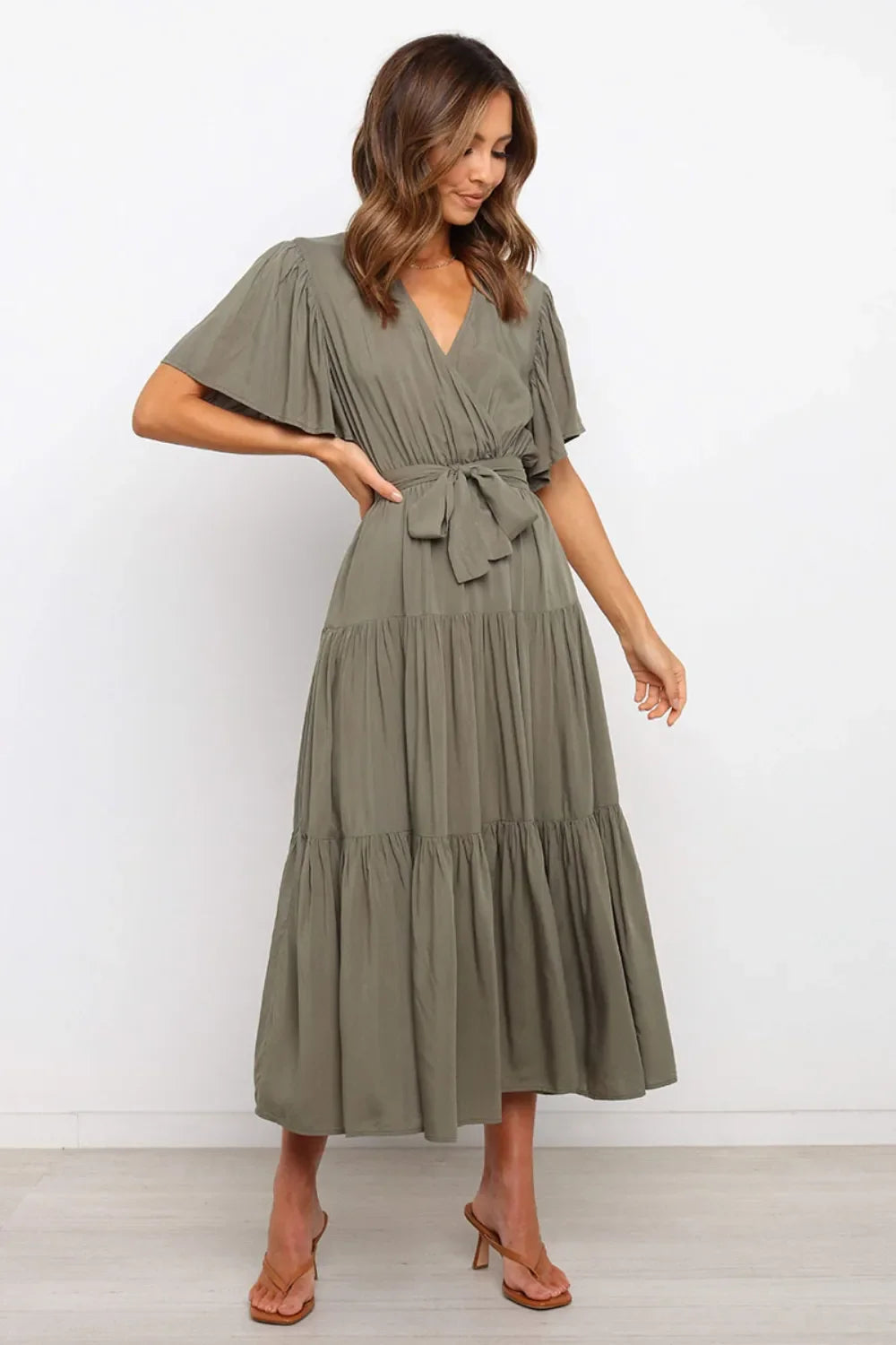 Tied Tiered Short Sleeve Midi Dress