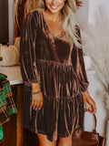 Solid Color Velvet V Neck Long Sleeve Tiered Mini Dress