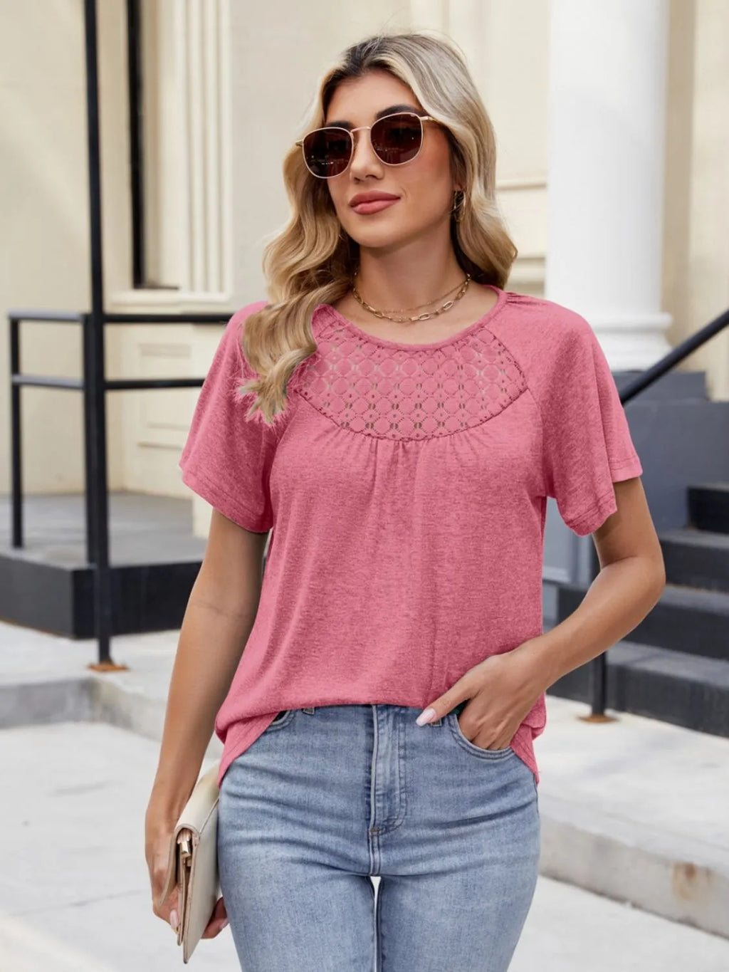 Lace Detail Round Neck Short Sleeve Blouse