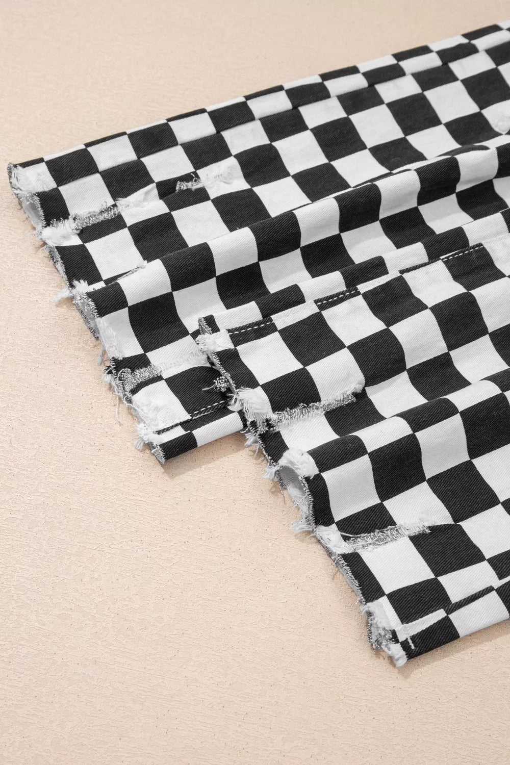 Checkerboard Print Distressed Holes Raw Edge Cropped Jeans