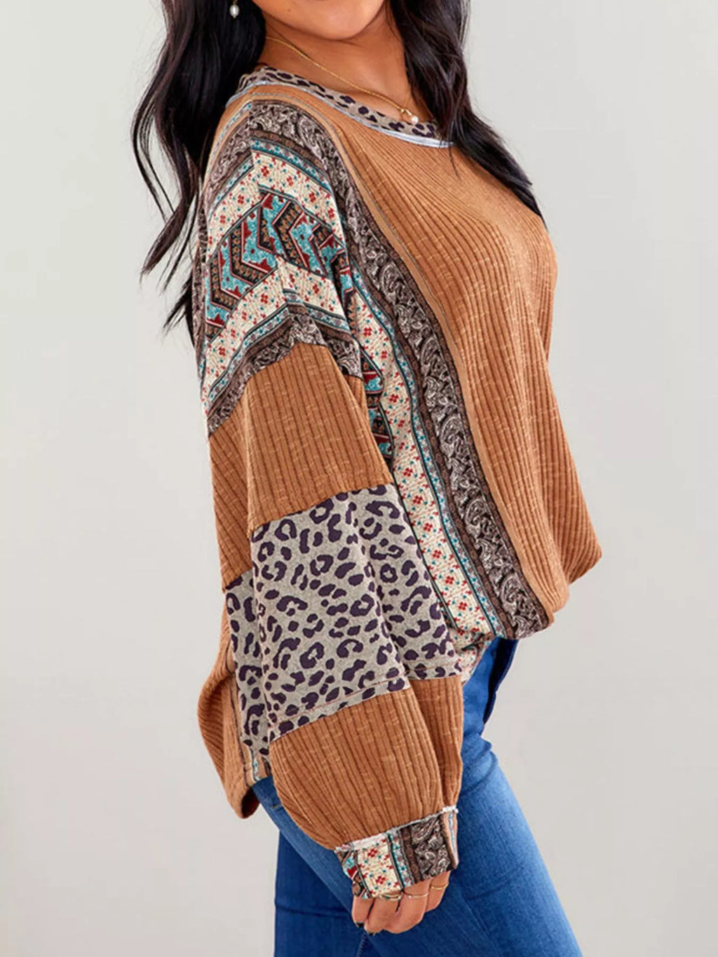 Leopard Color Block Ribbed Top