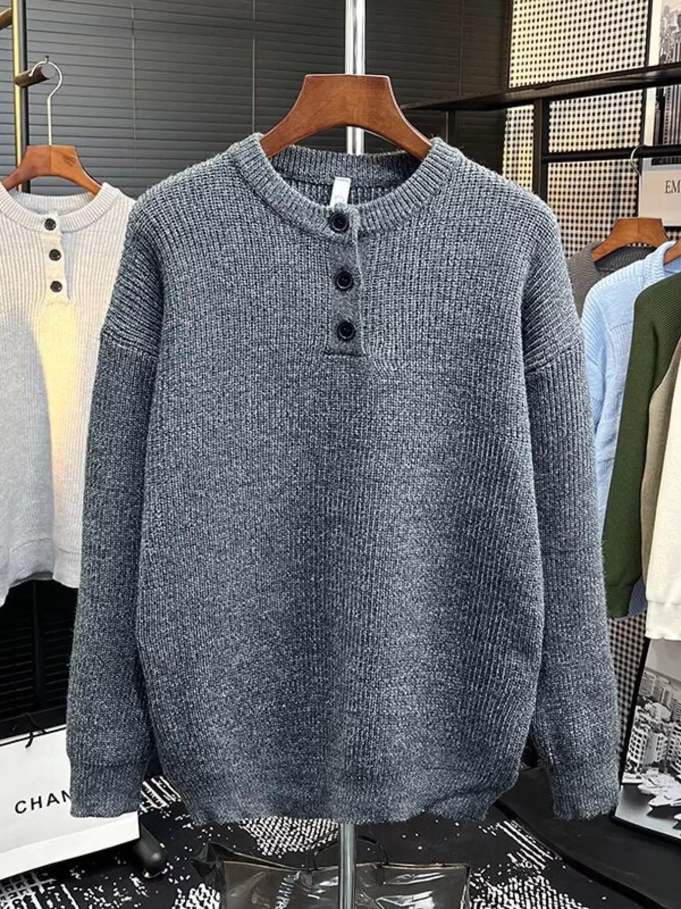 Men's Plus Size Button Detail Dropped Shoulder Sweater
