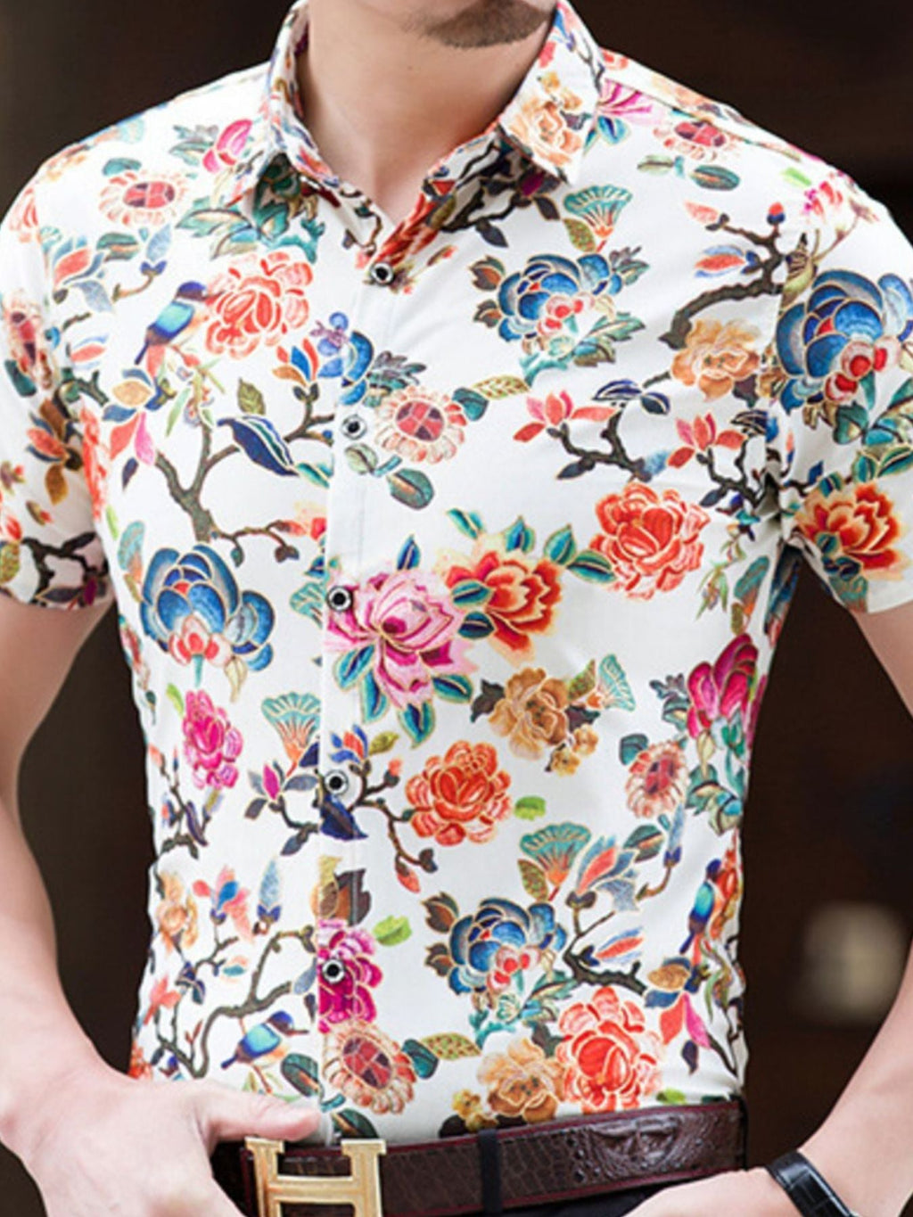 Men's Plus Size Floral Print Short Sleeve Button-Down Shirt