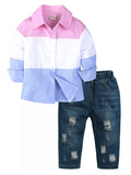Children's Color Block Shirt & Ripped Jeans Set